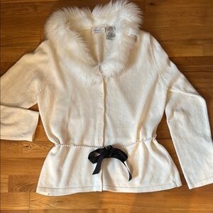 Y2K Cardigan Faux Fur Trim Collar Beaded Belt Coquette Sexy After 5:00 Ivory